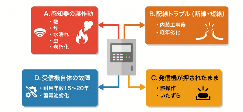 受信機の鳴動・感知器誤作動の原因を4カテゴリ(感知器誤作動・配線トラブル・発信機押下・受信機故障)に分類した図解
