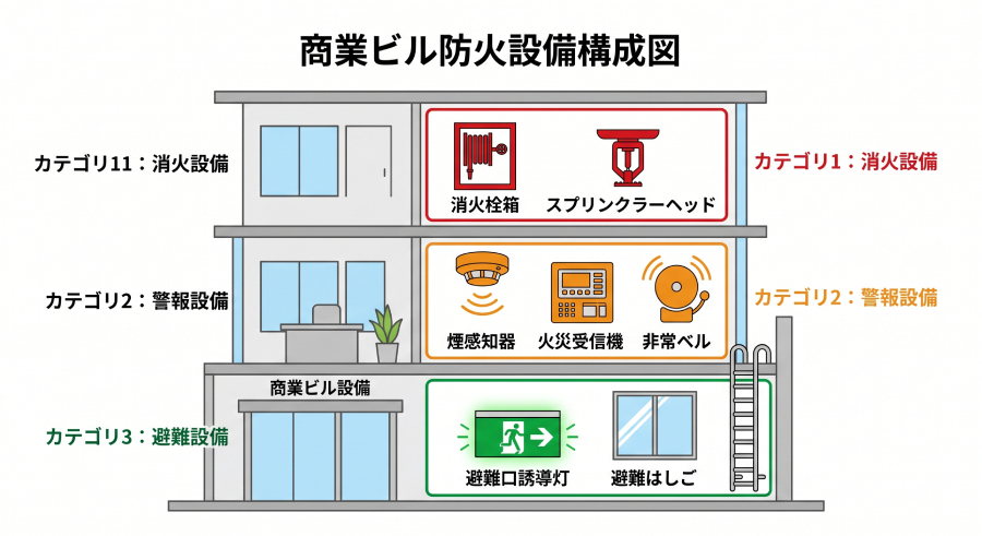 岡山市の消火設備・警報設備・避難設備の設置場所を示した消防設備工事の図解