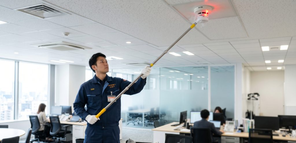 岡山市の消防設備点検資格者が煙感知器の感度試験を行っている点検作業の様子