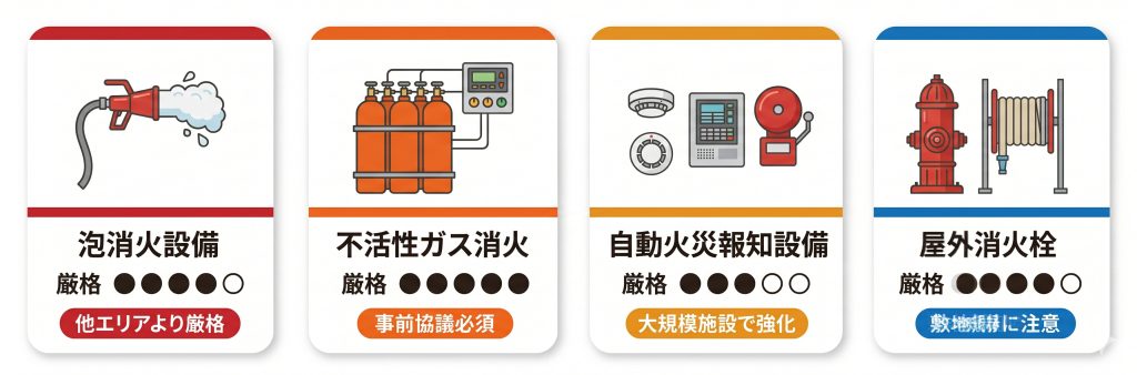 倉敷市の消防設備工事における泡消火設備・不活性ガス設備・自動火災報知設備・屋外消火栓の審査基準の厳格度を示したマトリクス図