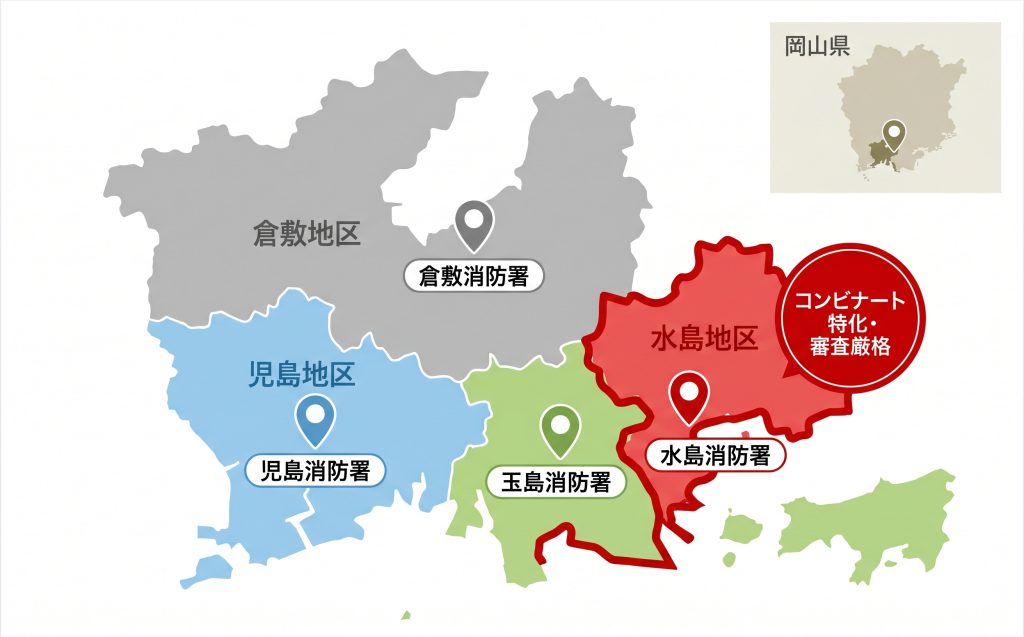 倉敷市内の4消防署（倉敷・児島・玉島・水島）の管轄エリアと水島消防署のコンビナート専門対応エリアを示したマップ
