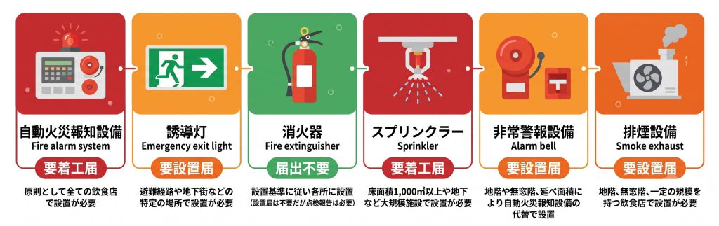 飲食店開業前に必要な消防設備6種（自動火災報知設備・誘導灯・消火器・スプリンクラー・非常警報設備・排煙設備）を示したインフォグラフィック