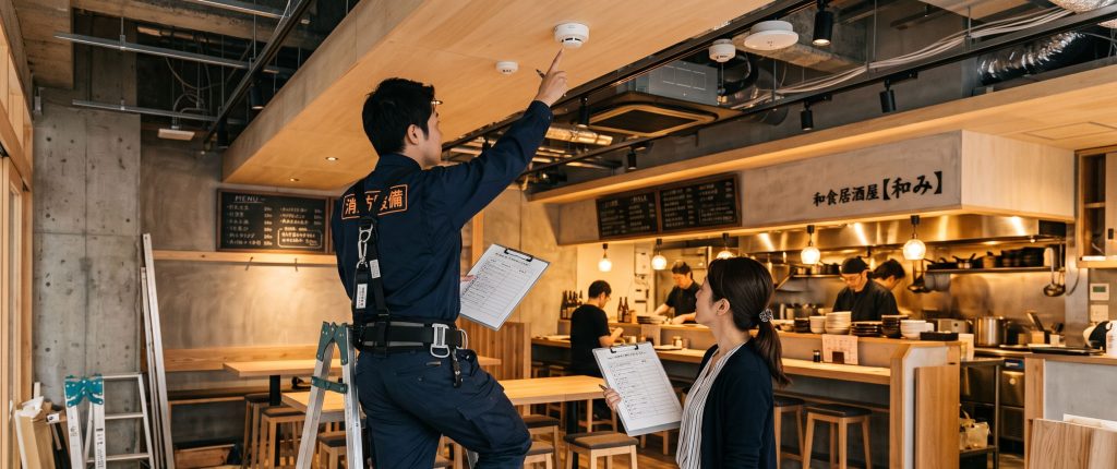 飲食店開業前に消防設備の設置・届出チェックリストを確認している店舗オーナーと消防設備士のイメージ（岡山県対応）