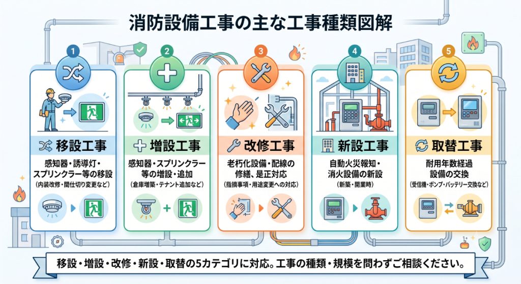 岡山市の消防設備点検の主な試験5種類（外観・作動・感度・放水・流水検知）の実施区分と概要をまとめた一覧図解