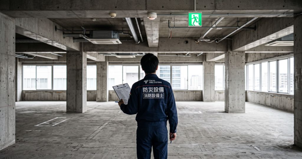 テナント退去後の空室で感知器・誘導灯・スプリンクラーの復旧工事を確認している消防設備士のイメージ（岡山県対応）