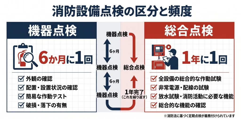 岡山市の消防設備点検サイクル：機器点検（6か月ごと）と総合点検（1年ごと）の実施頻度と確認内容の違いを示した比較図